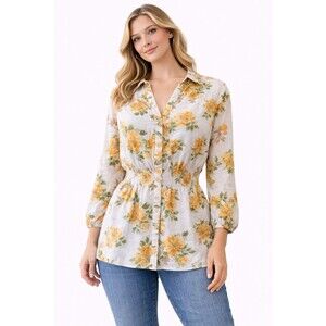 Sara Michelle XL Floral Button Front Dress White Yellow Smocked